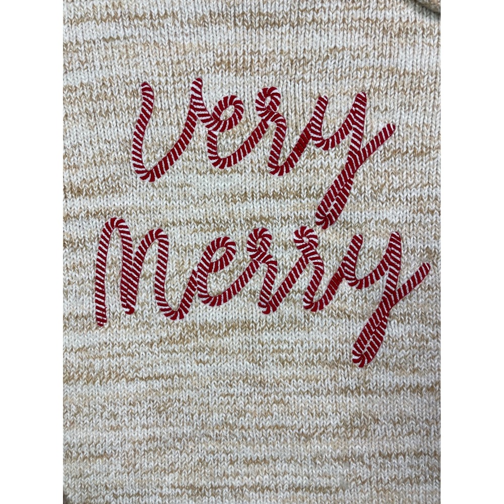 LOFT Sweater Womens Large L Beige Chunky Knit Very Merry Candy Cane Graphic Cozy - Picture 4 of 11